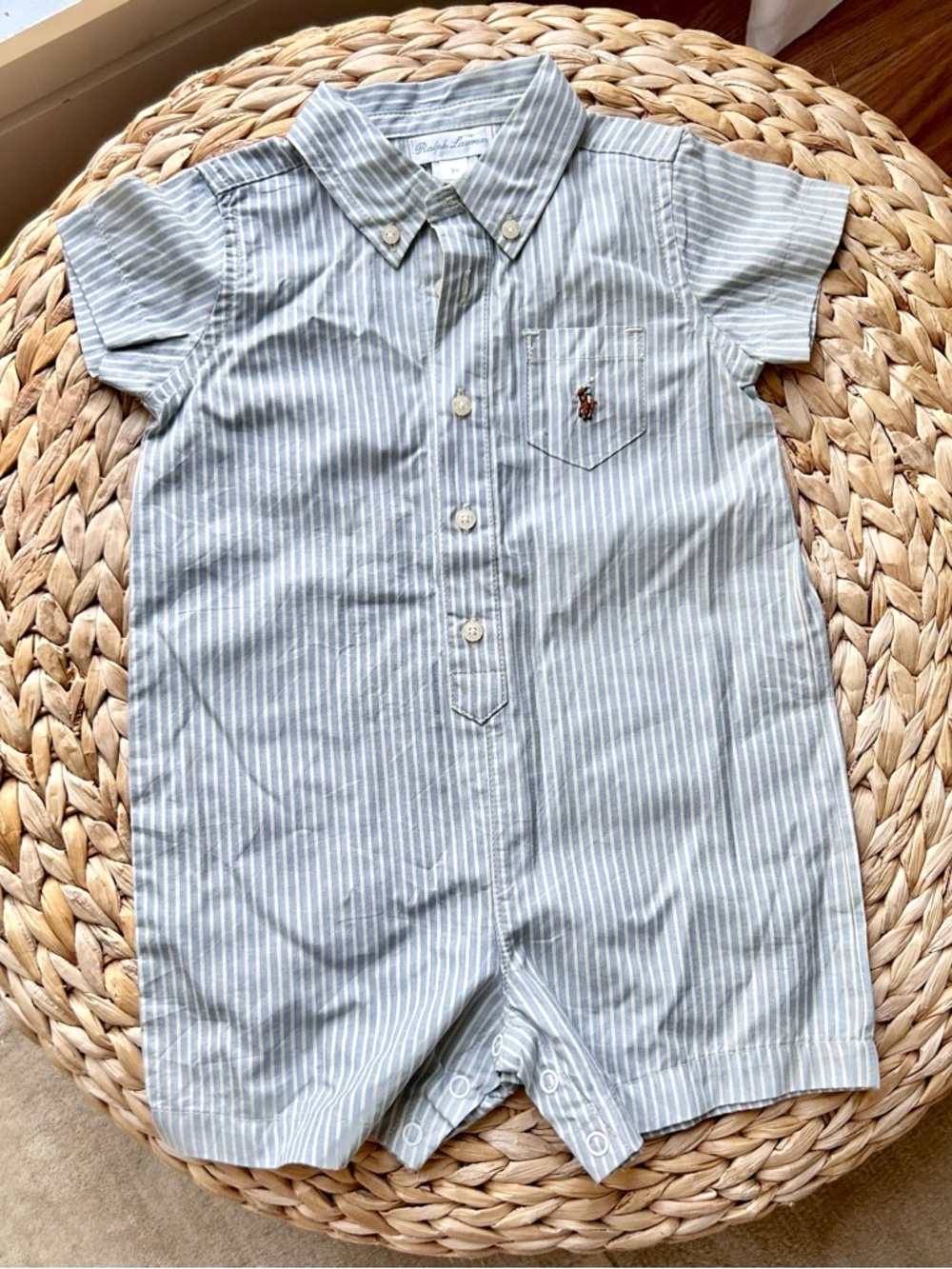 Baby Boy Ralph Lauren Light Blue and White Striped Button-Up Shirt Pants Outfit